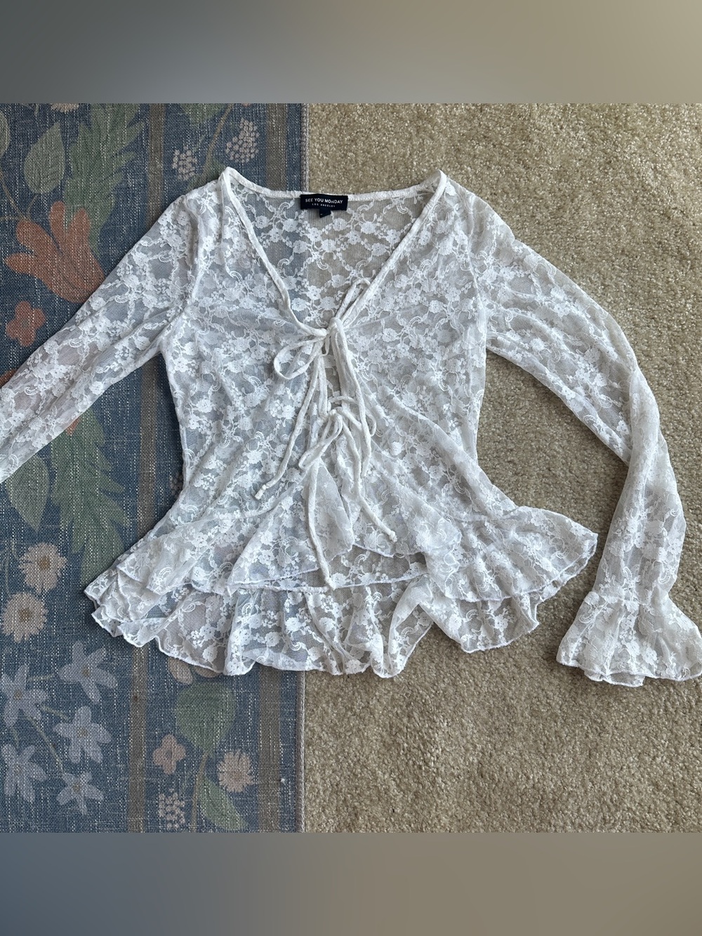 See You Monday White Lace Tie-Front Peplum Blouse
